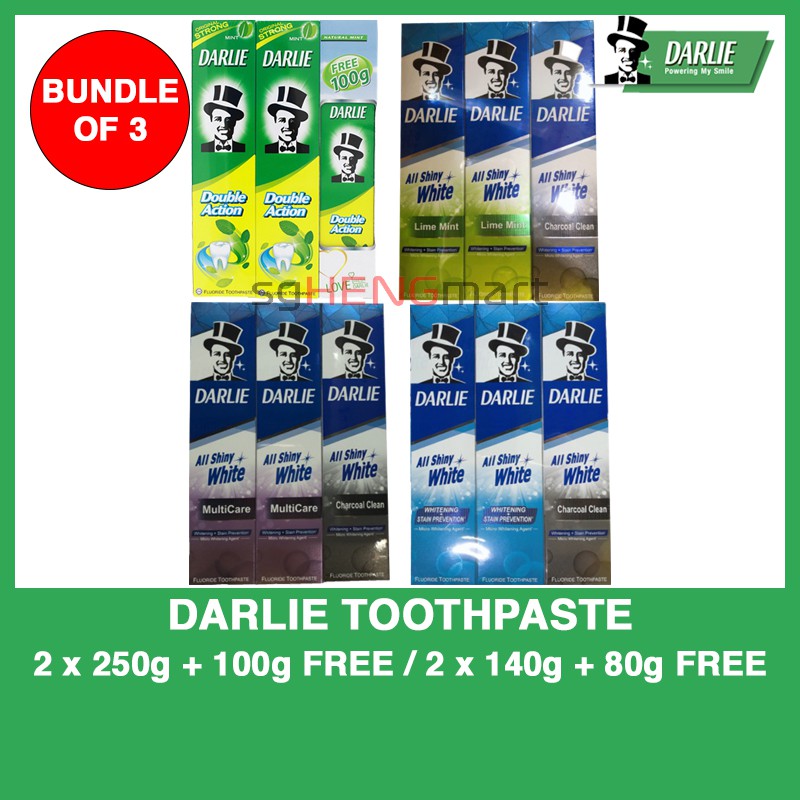 [BUNDLE OF 3] Darlie Toothpaste (2 x 250g + 100g FREE / 2 x 140g + 80g FREE) (Double Action / All Shiny White)